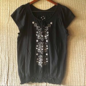 Sonoma Embroidered Knit Peasant Blouse Black XL